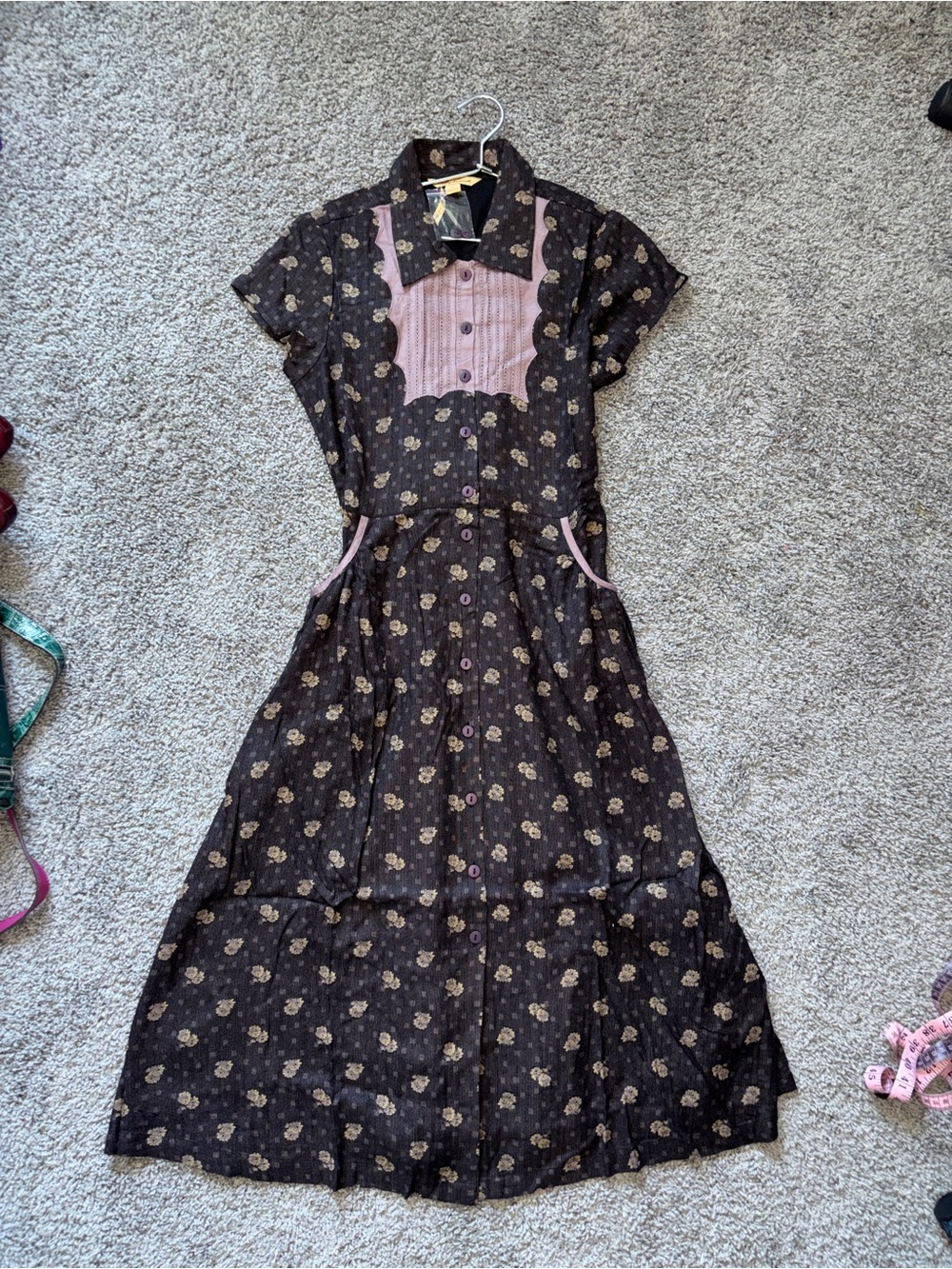 April Cornell Black and Mauve Floral Midi Dress with Pinafore Detail